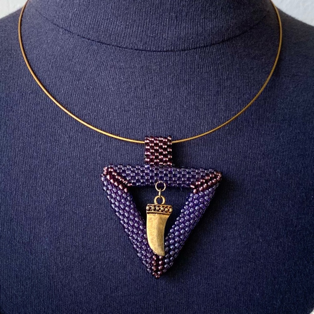 LAST CHANCE SALE!Vintage Purple Triangle Beaded Brass Pendant Bohemian Necklace